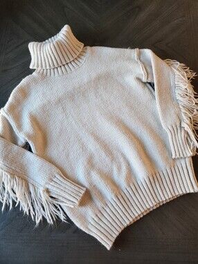 White Cream Western Fringe Turtleneck Knit Sweater By Willow & Wind Size S